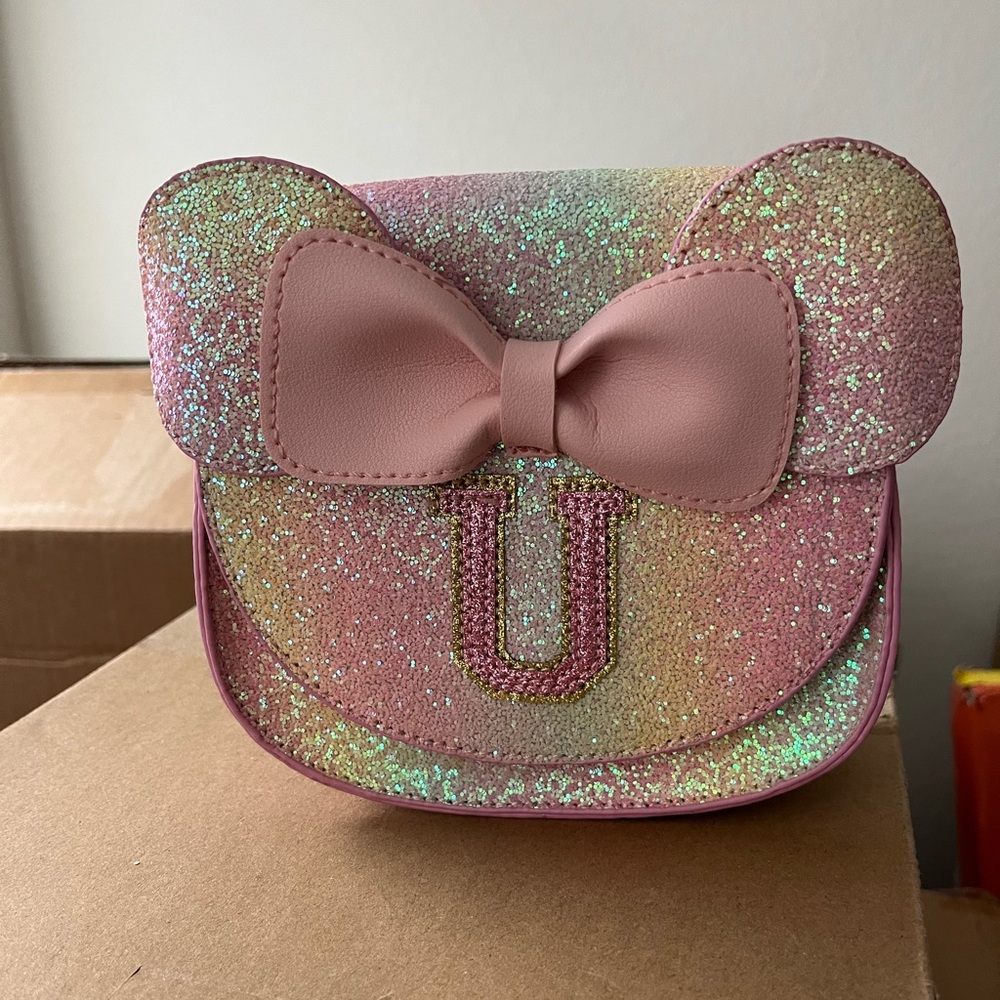 Glittery Pink Kids Bow Bag “U”
